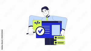 Tester searching bug in software 2D animation. Syntax code assessment 4K video motion graphic. Developer engineer holding magnifying glass animated character cartoon flat concept, white background