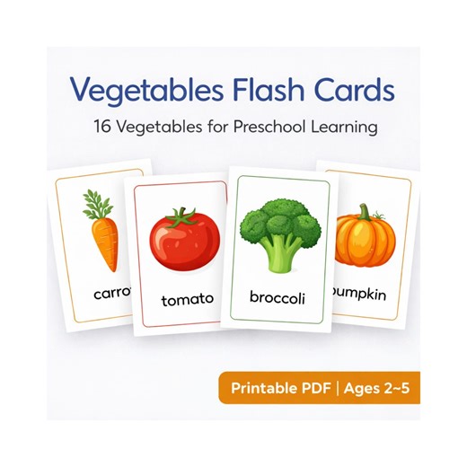 Vegetables Flash Cards for Kids | Food Vocabulary Printable | Preschool Learning Cards | Montessori | PDF - Etsy