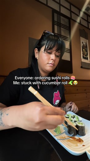 When you love sushi but your shellfish allergy keeps you on the cucumber roll diet 🥑🍣😭 #sushi #allergy #foodie #struggle #relateablecontent
