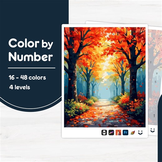 Autumn Tree Path - Color by Number - Digital & Printable - 4 Levels - Etsy Australia
