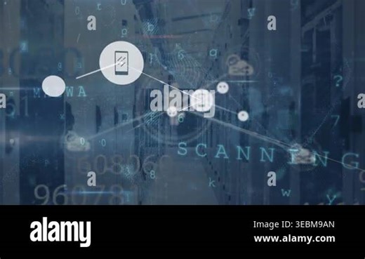 Animation of connected icons and padlock over texts, numbers, letters, symbols on server room. Digital composite, multiple exposure, communication, password, technology and network server concept Stock Video Footage - Alamy