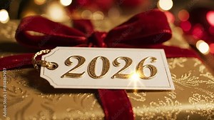 Elegant Gold Gift Box with Red Ribbon for New Year 2026 Celebration.