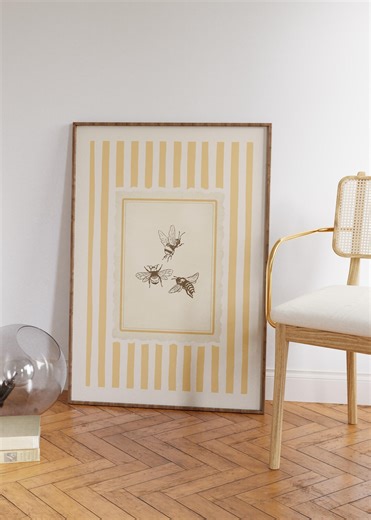 Vintage Bee Wall Art – Honey Bee Botanical Illustration Print, Warm Yellow Striped Nature Poster, Cozy Cottagecore Decor, Digital Download - Etsy