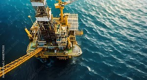 Construction of an offshore oil rig seen from above. Concept Offshore Oil Rig, Aerial View, Construction Site, Industrial Engineering, Sea Exploration