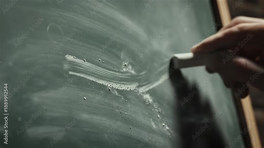 Chalkboard Writing Close-up - A close-up shot of a hand writing on a dark green chalkboard with white chalk. The chalk creates a visible line, leaving behind dust and residue on the board.