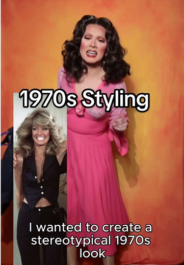Do you think I would blend in on Charlie's Angels 1976? Video Description: Taipei is a drag queen wearing dramatic 1970's-inspired makeup, wavy brown hair, and gold hoop earings. She stands in front of an orange backdrop and walks through severl 1970's inspired outfits featuring a denim waistcoat that she made. She styles the waistcoat with red polyester pants and a purple blouse, blue knit pants and a slinky nylon blouse, and rhinestone bootcut jeans.