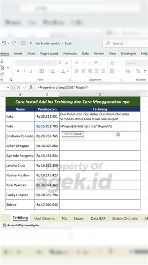 Mau membuat tulisan angka otomatis menjadi terbilang di Excel tanpa mengetik manual? 🎉 Di video ini saya tunjukkan cara install Add-Ins Terbilang di Excel dan cara menggunakannya dengan mudah dan cepat — cocok untuk invoice, slip gaji, nota pembayaran, laporan keuangan, administrasi sekolah, hingga UMKM. HANYA Rp. 25.000 kalian sudah bisa mendapatkan file nya File terbilang dapat di akses di sini https://lynk.id/agek.id/y15gr49q04eq Tutorial ini 100% pemula-friendly ✨ Cukup download Add-Ins → a