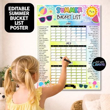 Summer Bucket List Poster 2026, Editable Kids Summer Countdown Calendar Chart