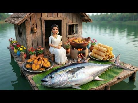 Miniature Doll Cooking BIG TUNA FISH ASMR | Floating Village Tiny Kitchen Story
