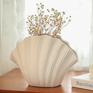 Coastal Shell-Shaped Ceramic Vase for Living Room, Modern Home Decor, Unique Farmhouse Aesthetic, Shelf and Centerpiece Table Decor