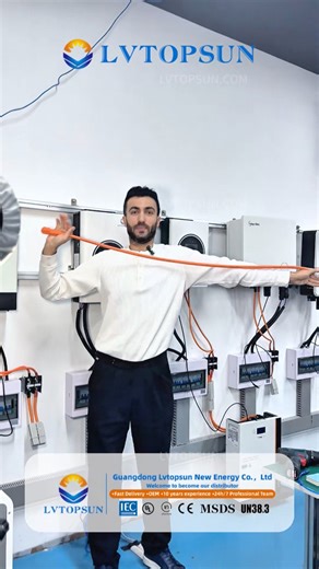 Taking the our inverter installation as an example:After the inverter is installed 1.8 meters above the ground (from the top of the inverter to the ground), take out the standard power cable, which is 1.3 meters long (excluding the terminal connectors at both ends). Connect the power cable to the PACK terminal outlet inside the inverter and tighten the power cable terminal. Place the battery below and to the left of the inverter. Connect the other end of the power cable from the inverter to the 