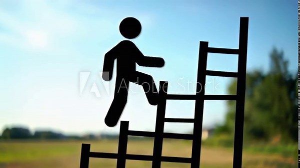 Stick figure climbing a ladder with a blurred field and sky background image