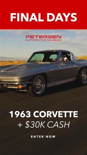 Time’s almost up to win a legendary 1963 Corvette Split-Window RestoMod $30,000 cash! 🏎 Stunning blend of vintage style and modern performance 💥 500-HP LS3 V8 engine 🛠️ Expert restoration, upgraded for performance and comfort 💵 $30,000 cash to help cover taxes 🤝 Support the preservation of automotive history | Petersen Automotive Museum