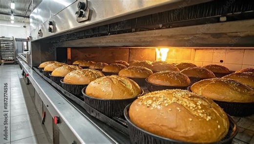 Freshly baked bread loaves moving through a large industrial oven in a commercial bakery setting.