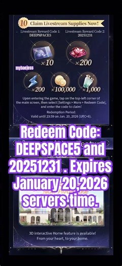 Redeem Codes! Both will expire on January 20,2026 server time! Love and Deepspace