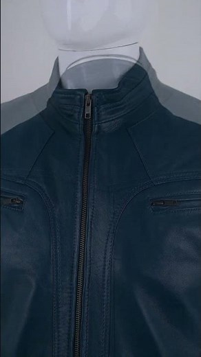 Men’s Navy Blue Leather Jacket – Slim Fit Motorcycle Cafe Racer Style