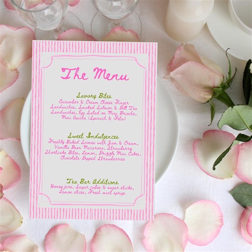 Pink Stripe Menu Template Tea Party Bridal Shower Menu Template Tea Party Menu Template Pink Olive-green Menu Stipe Wedding Menu (BS2) - Etsy