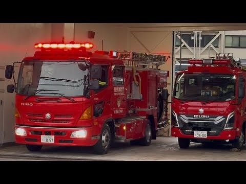 【エアロホーク赤色灯搭載。】東京消防庁・西新井消防署(大師前出張所) 消防車。(大師前1) 出場シーン！