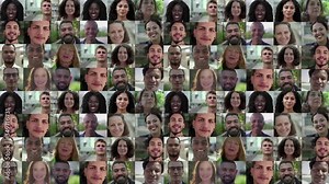 Happy diverse African American, Latin, Caucasian citizens of different ages posing outside. Mosaic series, multiscreen montage, collage portraits. Front view. Positive emotions concept
