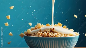 Milk with cereal, featuring a bowl of cereal with milk being poured over it,