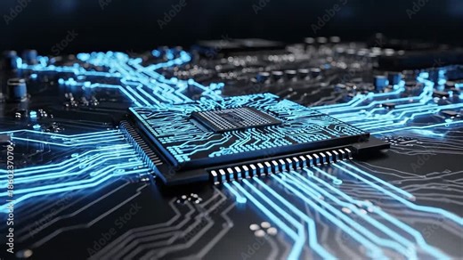 Futuristic Motherboard Circuitry with Glowing Blue Data Streams A HighTech Visualization of Data Flow and Processing in a Modern Computer System Ideal for Technology and Innovation Concepts.