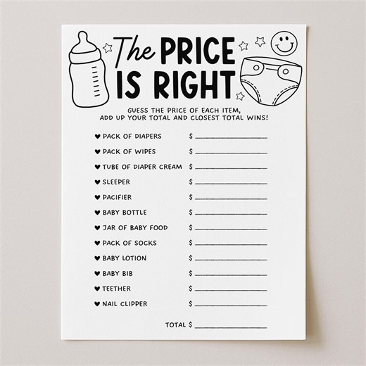The Price is Right Baby Shower Game Template, Price Guessing Game, Baby Trivia Quiz Printable, Digital Download - Etsy