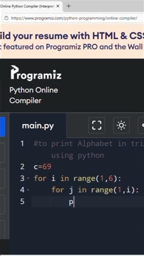 To print Alphabet triangle shape using for loop #shorts
