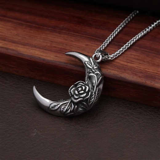 Crescent Moon Pendant Necklace, Gothic Biker Viking Stainless Steel Jewelry - Etsy