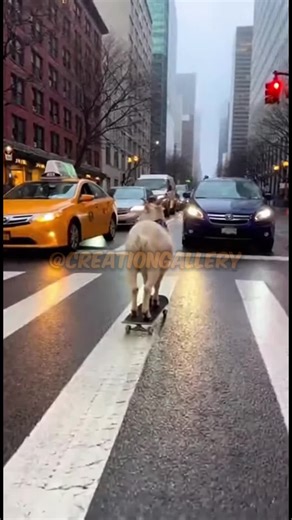✨ Surreal visuals and clean, modern creativity. ⚡ Follow @CreationGallery_ for more. A busy city intersection came to a stop when a goat rolled into the crosswalk on a skateboard. Cars braked, drivers leaned out of windows, and nobody moved. He stood calmly on the board, blocking traffic with authority, nodding his head like he was in charge of the whole street. #CreationGallery #Goat #SurrealRealism #TrafficChaos #WTFMoment #UnbelievableScenes #ViralClips #FYP #Reels