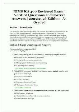 NIMS ICS 400 Reviewed Exam Verified Questions and Correct Answers A Graded 20252026 Edition