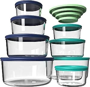 AILTEC Glass Food Storage Containers with Lids, Glass Meal Prep Containers for Lunch, ８Pack Reusable Round Container Set with Simply Lid/BPA-free / 7-Cup, 4-Cup, 2-Cup & 1-Cup