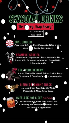 Our new Winter Menu is HERE and we are absolutely ob-sessed. ❄️🦇☕️ Have you tried any of our "Be Merry, Stay Scary" drinks yet? 💀 BONE CHILLER 🍪 KRAMPUS’ COOKIES 🥧THE UPCHAIDE DOWN ⏰ GIZMO’s MIDNIGHT SNACK 🪓 OVERLOOK HOT CIDER Let us know your favorite (or maybe the one you’re brave enough to try next) in the comments! #WinterMenu #HorrorCoffee #Scr3amNSugar | SCR3AM & SUGAR Coffee Co.