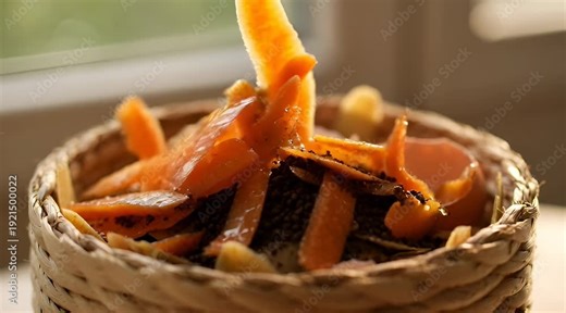 Food waste composting kitchen scraps bin closeup: hand adding orange peels, eggshells, and coffee grounds into a wicker compost bin for eco-friendly recycling.