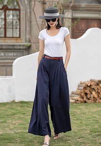Women's Pleated High Waisted Wide Leg Pants, Belted Palazzo Trousers, Blue Loose Wide-legs Long Linen Pants, Womens Pants, Xiaolizi 2534# - Etsy