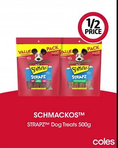 Strap in for some extra love from your furry friends! SCHMACKOS™ STRAPZ™ Dog Treats 500g are HALF PRICE this week! Hurry, ends Tuesday. 🐶 | Coles