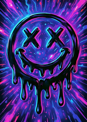 'Dripping Smiley Face with Neon Background' Poster, picture, metal print, paint by Urban Alien | Displate