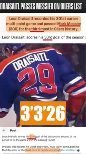 🏒Draisaitl 33rd Mark Messier March 3