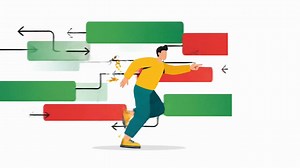 Illustrated Man Navigating a Complex Business Process Flowchart | Premium Stock Video Footage