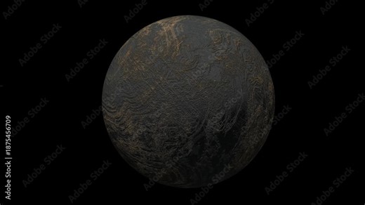 Cinematic rotating alien planet with rugged surface, subtle lighting, and deep shadows on black background, perfect for sci-fi intros, space themes, and cosmic visuals.