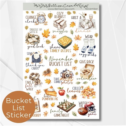November Fall Bucket List Sticker Sheet, Seasonal Planner Sticker, Watercolor Calendar Planner Journaling Sticker Page for Bullet Journal - Etsy