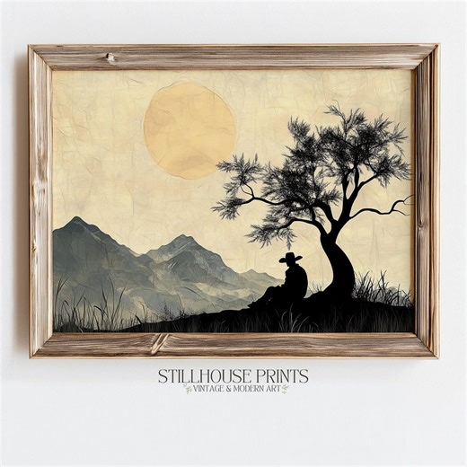 Rustic Cowboy Under Tree Silhouette, Printable Western Decor, Moody Mountain Landscape, Digital Download Wall Art, Vintage Sepia 1719 - Etsy