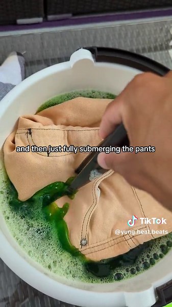 bleached black denim over-dyed with neon green rit dye 🫥 • some things I'd change is: dying the pants to more of a white for a more solid colour, using the rit Lightner (it's recommended on the bottle), and submerging the pants a little bit longer than I did. #clothingmodifications #dyeddenim