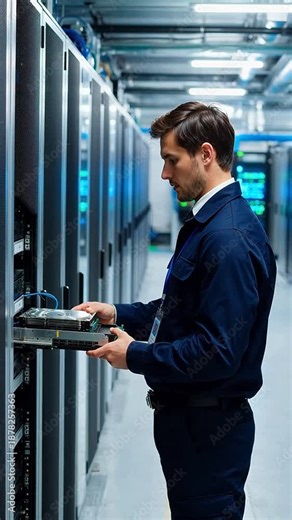 IT technician installing server hardware in a modern data center with rows of racks