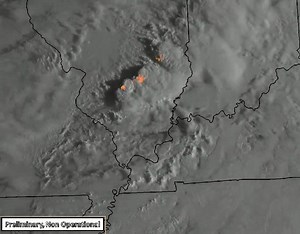 Incredible GOES-16 satellite loop of thunderstorms tracking across central Illinois this morning.This visible imagery overlaid with lightning data shows dancing cloud shadows from the storms as the sun eclipsed the horizon. | US National Weather Service Chicago Illinois