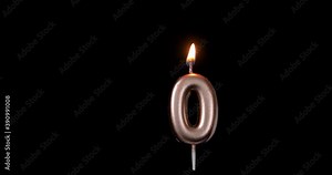 Realistic full-sized single birthday candlelight null zero 0 number isolated on black background. Fire is floating. Footage ready for compositing, copy paste into your project. 4k, apple prores 422