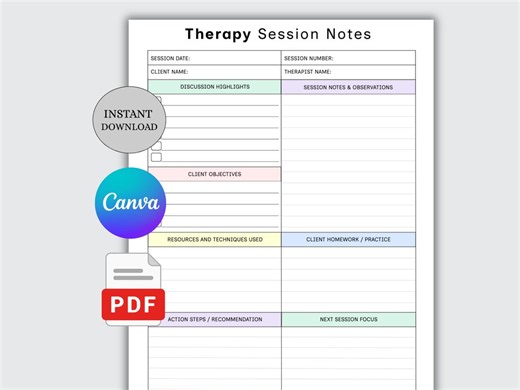 Therapy Session Notes Printable | Therapist Counseling Record | Mental Health Planner PDF | Instant Download - Etsy