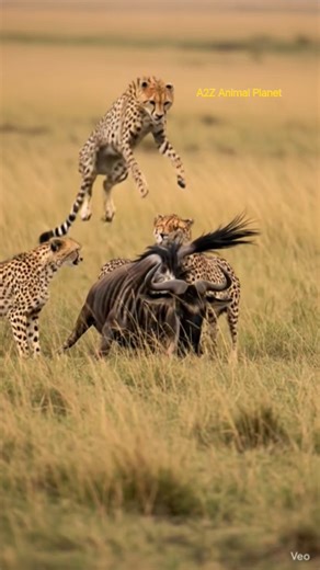 Cheetahs take down Wildebeest🎯 #shorts #shortsfeed #animals #wildlife #cheetah #wildebeest #hunting