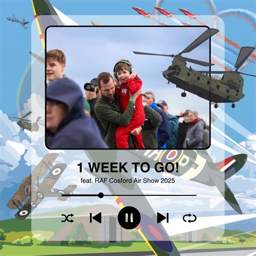 🥳 1 WEEK TO GO! 🥳 The wait is almost over - the RAF Cosford Air Show 2025, the Royal Air Force's only Air Show, takes off in just 7 days! Join us on Sunday 8th June for an unforgettable day of high-impact aviation, dynamic displays and a celebration of global air and space capability. Expect: ✈️Spectacular flying displays ✈️Iconic military and civilian aircraft ✈️Hands-on STEM and lifestyle exhibits ✈️Exciting ground displays and family activities. ☀️The sky is calling - are you ready? 🎫 Tick