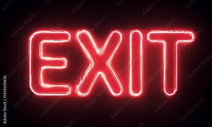 A bright red neon sign that reads EXIT. The sign is on a transparent background.