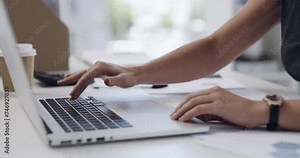 Hands of woman, hit or fists on computer for stress, depression or burnout in office. Frustrated, fail or worker smashing desktop technology or keyboard for anger, glitch error or disaster breakdown